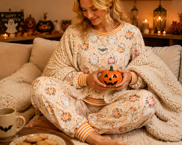 🎃 Women’s Halloween Pajama Set – Cute Pumpkin Ghost & Bat 2-Piece Cozy Sleepwear