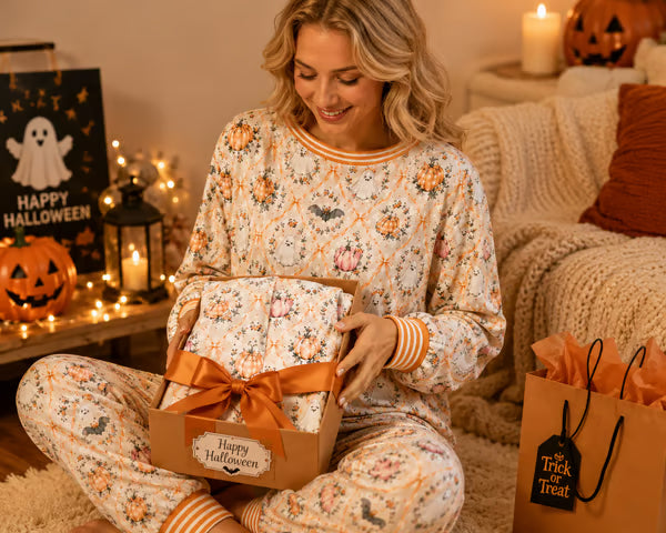 🎃 Women’s Halloween Pajama Set – Cute Pumpkin Ghost & Bat 2-Piece Cozy Sleepwear