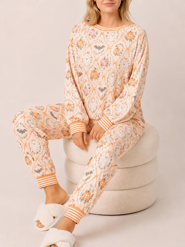 🎃 Women’s Halloween Pajama Set – Cute Pumpkin Ghost & Bat 2-Piece Cozy Sleepwear