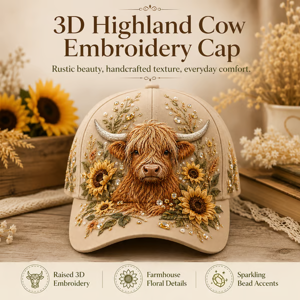 🔥LAST DAY 50% OFF -- 🦬3D Highland Cow Embroidery Cap🧢(Breathable & Lightweight Comfort & Unisex Fit)