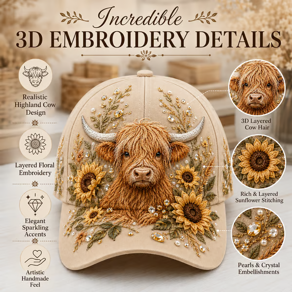 🔥LAST DAY 50% OFF -- 🦬3D Highland Cow Embroidery Cap🧢(Breathable & Lightweight Comfort & Unisex Fit)