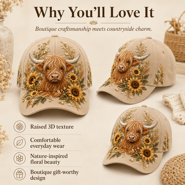 🔥LAST DAY 50% OFF -- 🦬3D Highland Cow Embroidery Cap🧢(Breathable & Lightweight Comfort & Unisex Fit)
