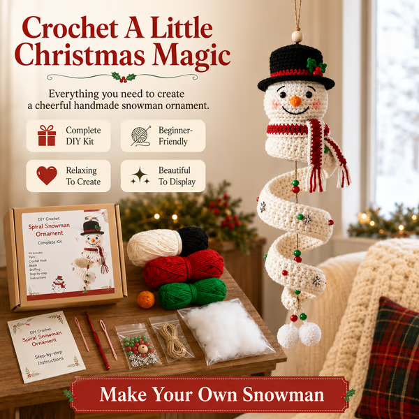 🔥 LAST DAY 49% OFF ☃️ Crochet Snowman Spiral Ornament DIY Kit – Beginner-Friendly Christmas Craft Set 🧶🎄