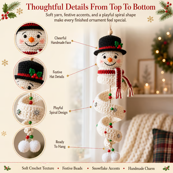 🔥 LAST DAY 49% OFF ☃️ Crochet Snowman Spiral Ornament DIY Kit – Beginner-Friendly Christmas Craft Set 🧶🎄
