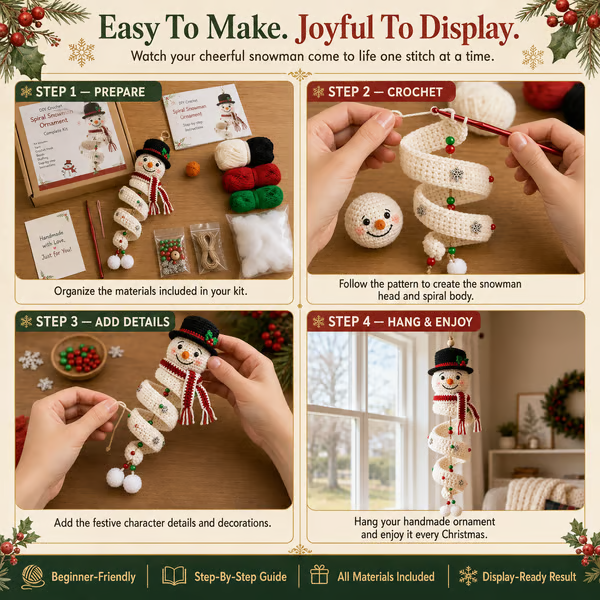 🔥 LAST DAY 49% OFF ☃️ Crochet Snowman Spiral Ornament DIY Kit – Beginner-Friendly Christmas Craft Set 🧶🎄