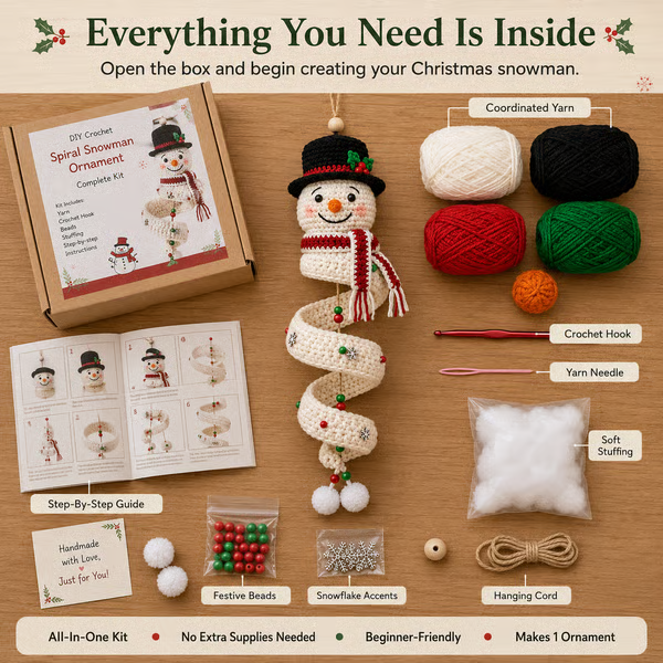 🔥 LAST DAY 49% OFF ☃️ Crochet Snowman Spiral Ornament DIY Kit – Beginner-Friendly Christmas Craft Set 🧶🎄