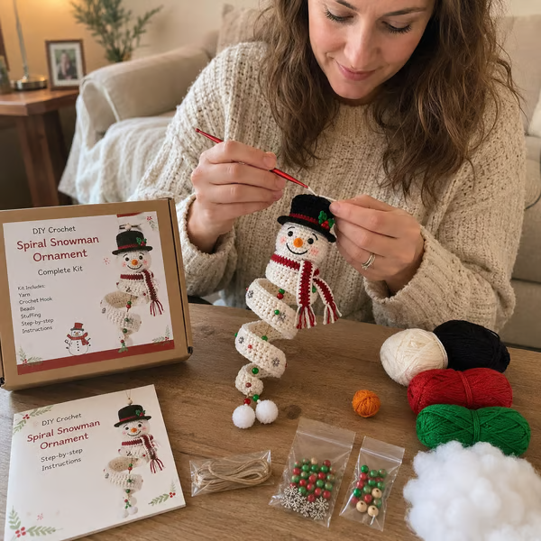 🔥 LAST DAY 49% OFF ☃️ Crochet Snowman Spiral Ornament DIY Kit – Beginner-Friendly Christmas Craft Set 🧶🎄