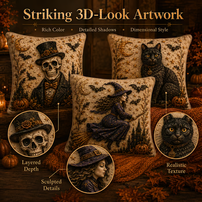 🎃 3D Halloween Cushion Cover – Gothic Spooky Designs & Hidden Zipper 🦇