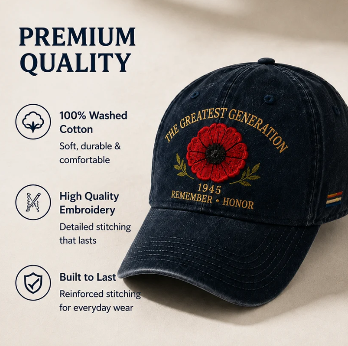 🌺 The Greatest Generation 1945 Memorial Poppy Cap – Remember & Honor
