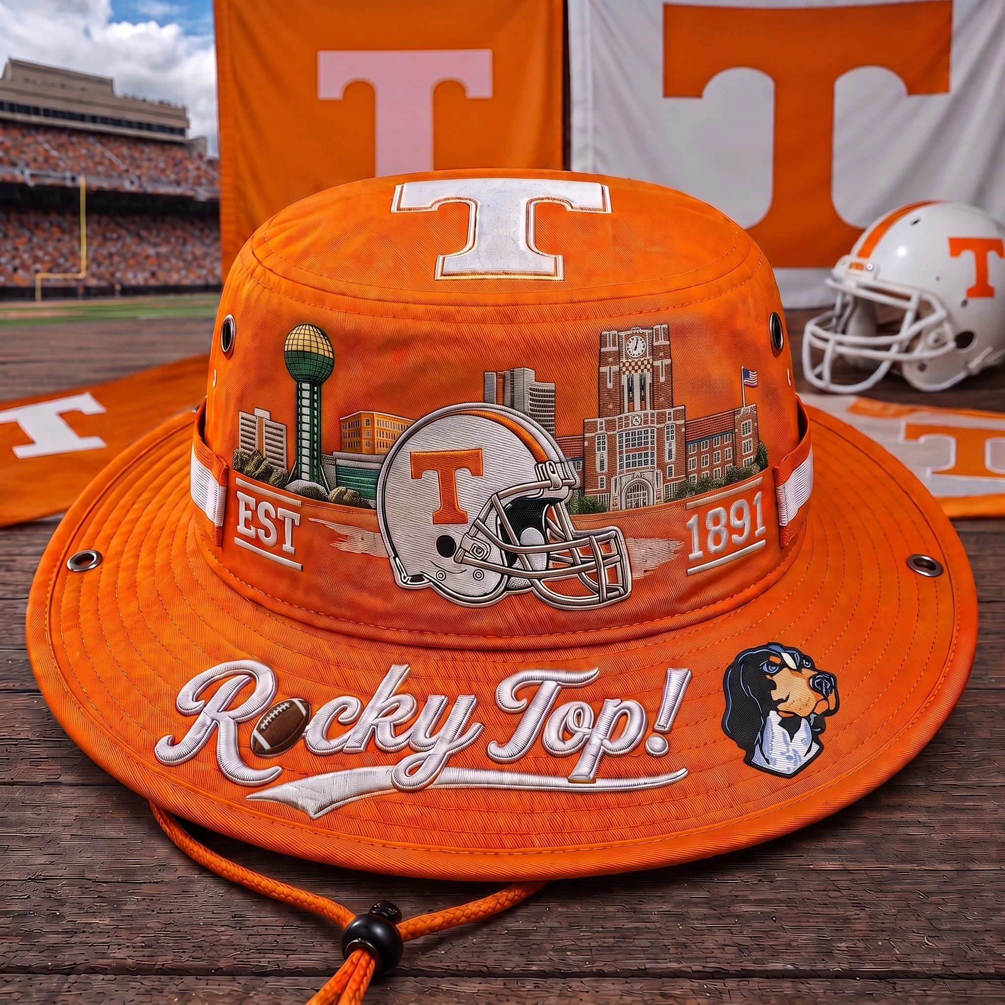🔥 LAST DAY 49% OFF – R🏈cky Top Football Boonie Hat | Orange & White Fan Hat