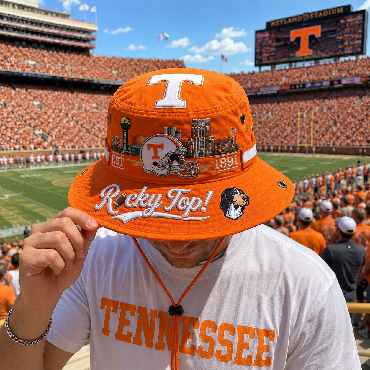 🔥 LAST DAY 49% OFF – R🏈cky Top Football Boonie Hat | Orange & White Fan Hat