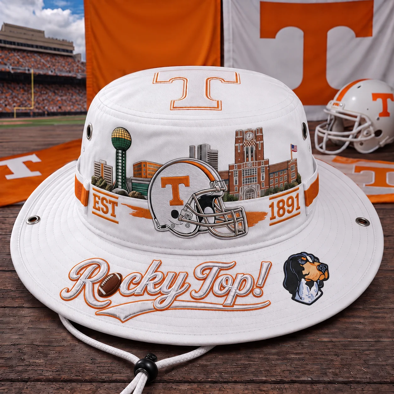 🔥 LAST DAY 49% OFF – R🏈cky Top Football Boonie Hat | Orange & White Fan Hat