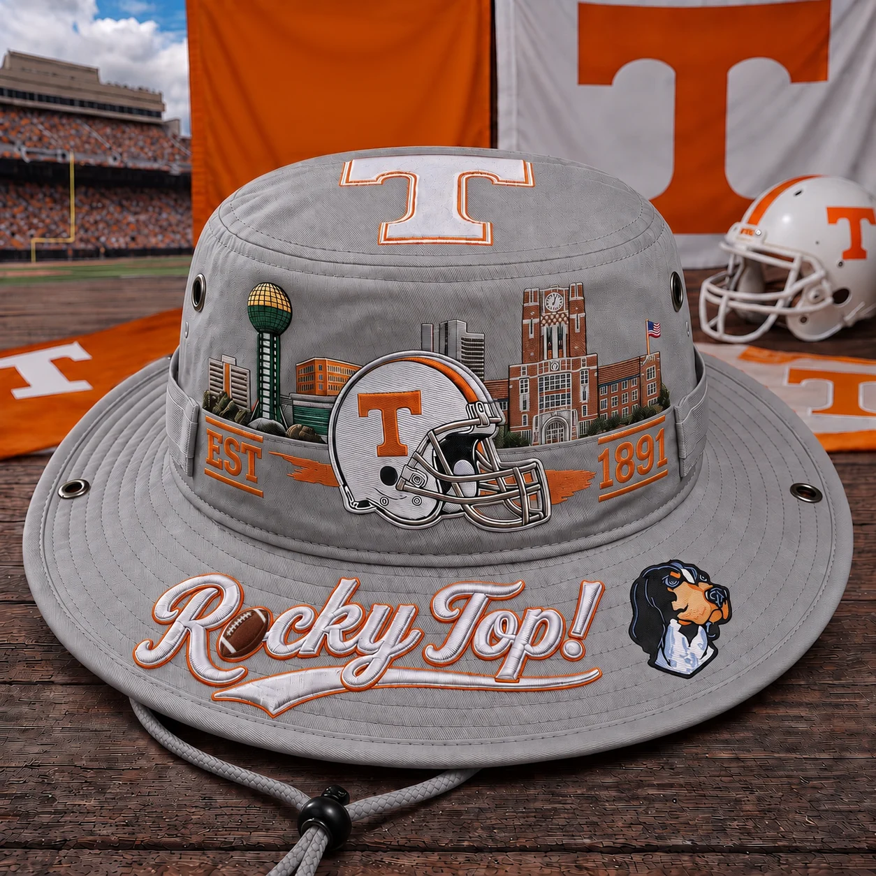 🔥 LAST DAY 49% OFF – R🏈cky Top Football Boonie Hat | Orange & White Fan Hat