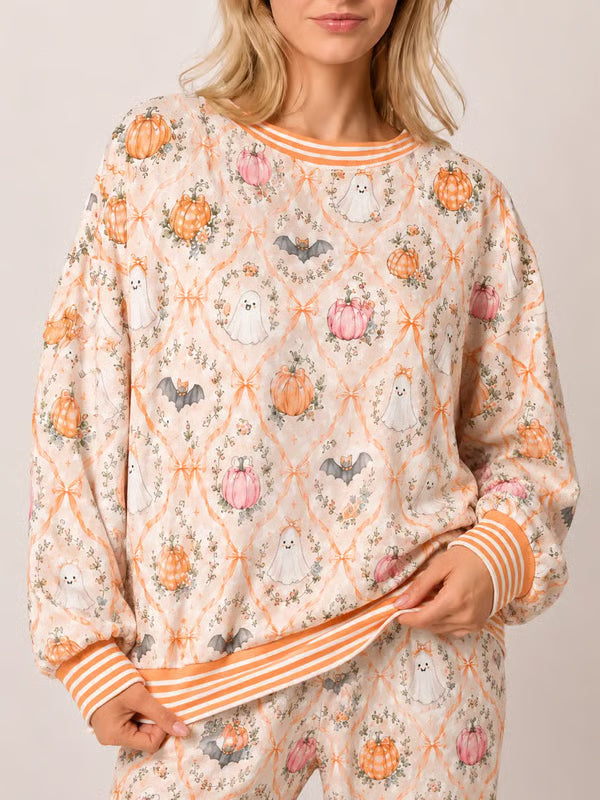 🎃 Women’s Halloween Pajama Set – Cute Pumpkin Ghost & Bat 2-Piece Cozy Sleepwear