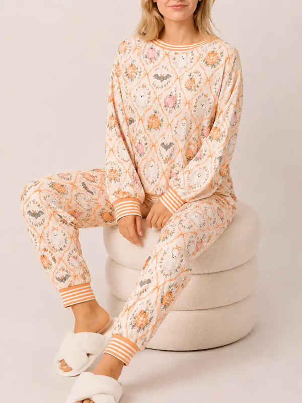 🎃 Women’s Halloween Pajama Set – Cute Pumpkin Ghost & Bat 2-Piece Cozy Sleepwear