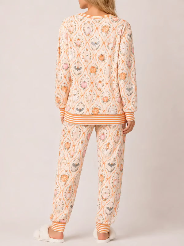 🎃 Women’s Halloween Pajama Set – Cute Pumpkin Ghost & Bat 2-Piece Cozy Sleepwear
