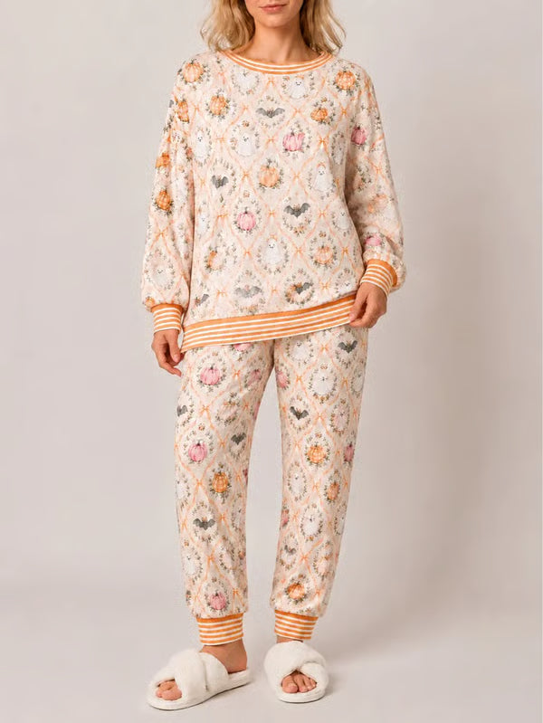 🎃 Women’s Halloween Pajama Set – Cute Pumpkin Ghost & Bat 2-Piece Cozy Sleepwear