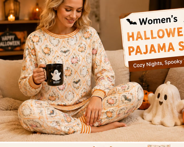 🎃 Women’s Halloween Pajama Set – Cute Pumpkin Ghost & Bat 2-Piece Cozy Sleepwear